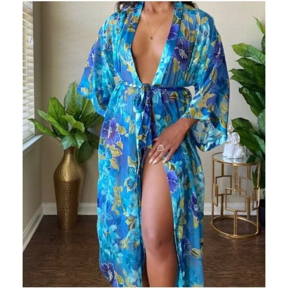 Vintage California Dynasty Blue Semi‎ Sheer Floral Long Robe Medium Pockets EUC
